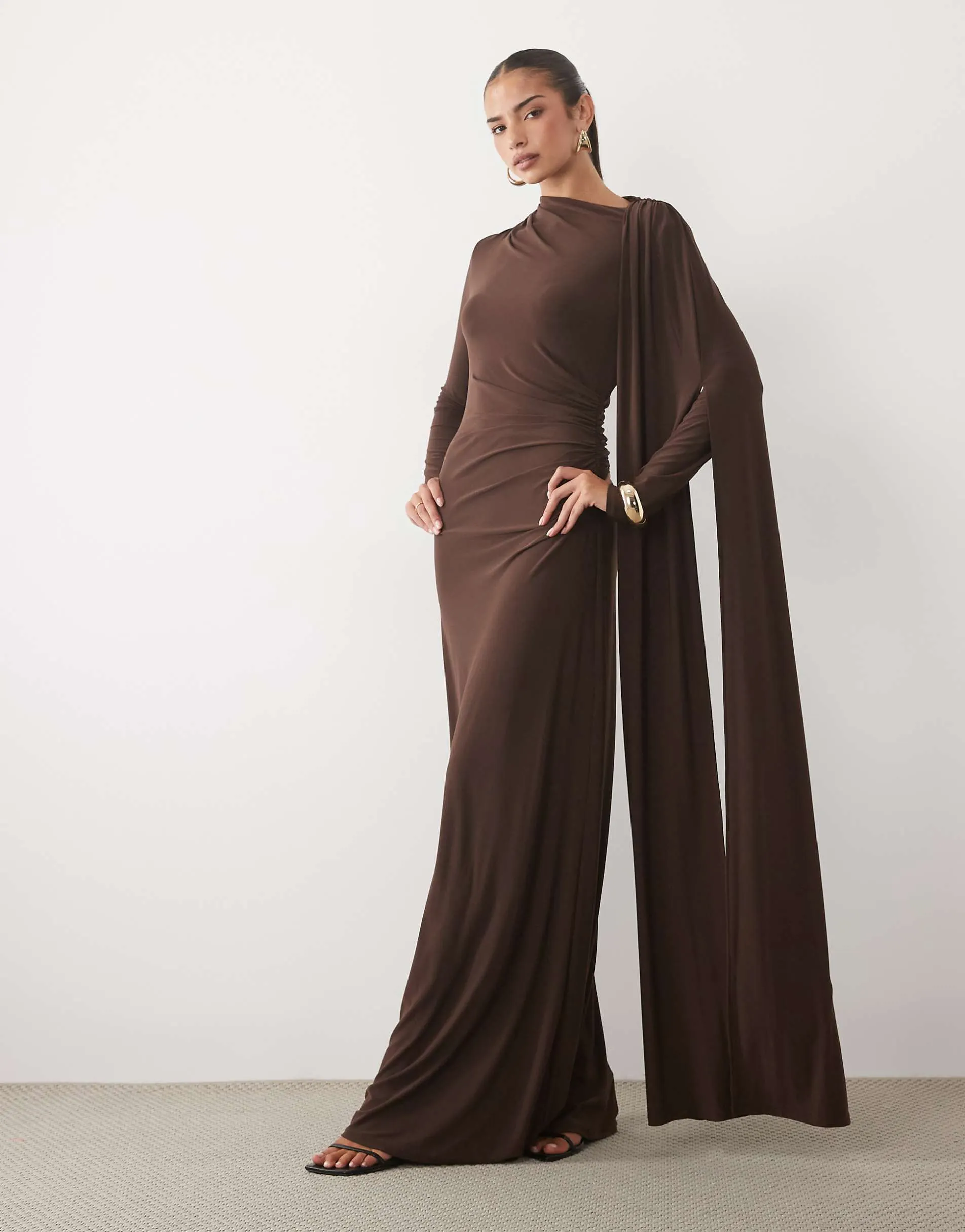 Daska one shoulder cape maxi dress in chocolate