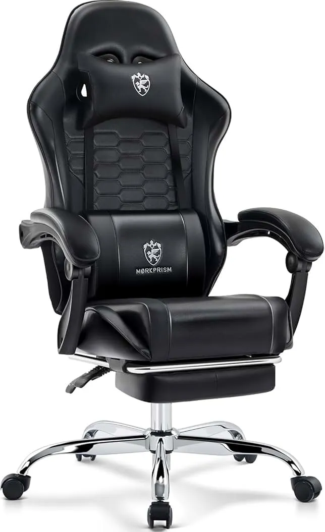 Morkprism Gaming Chair,Computer Office Chair with Footrest,Massage Lumbar Support and Gel Pad,Ergonomic Reclining Adjustable Leather Gamer Chair with He…