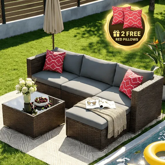 Patio Furniture Set - Lofka 5-Piece All Weather Wicker Patio Conversation Set with Removable Washable Cushions, Tempered Glass Table, 2 Pillows, Gray $188.96 Was $329.99