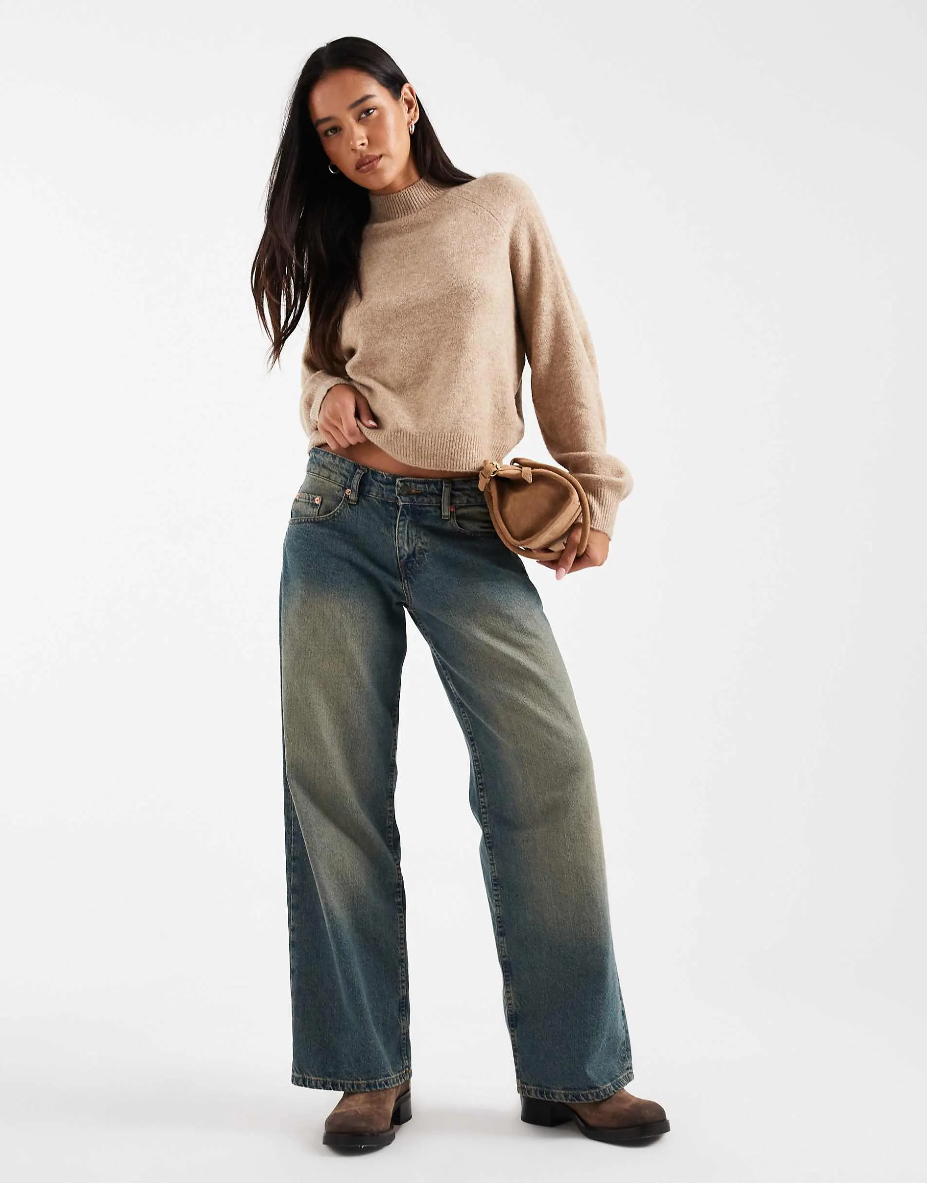 Vero Moda funnel neck volume sleeve jumper in mink melange