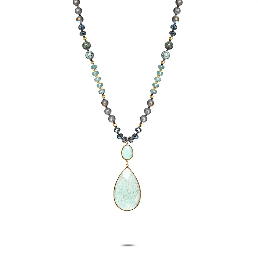 Halsketting in edelstaal, parels en stenen