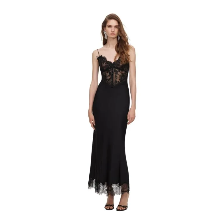 Satin Lace Midi Dress - Sort