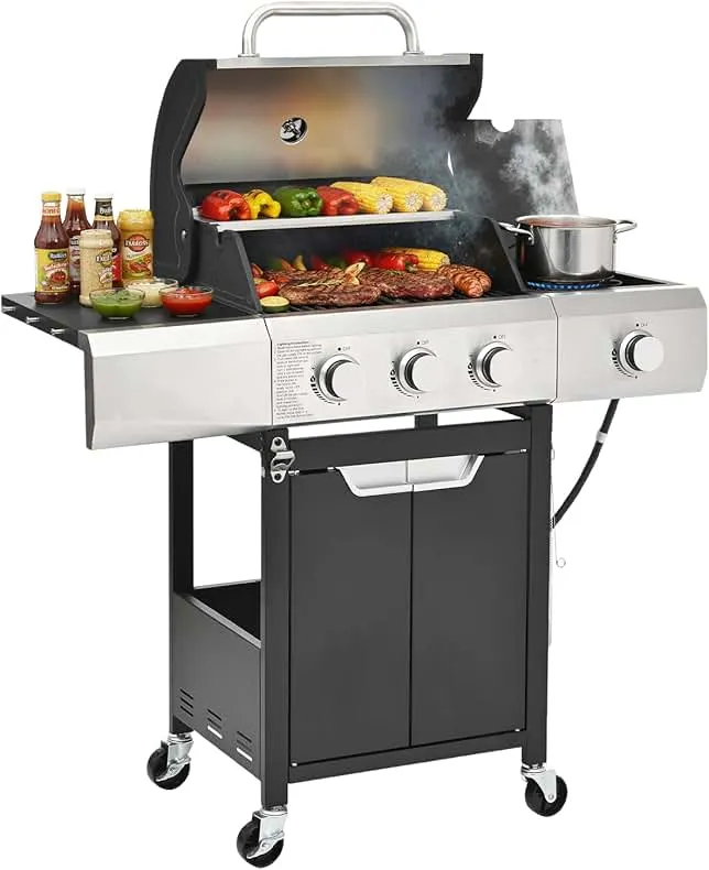 EUHOME 40,500 BTU 3-Burner Propane Gas Grill with Side Burner,Stainless Steel Outdoor BBQ Grill Portable with Wheels and Cast Iron Grates for Patio Garden Barbecue Cooking