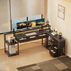 Escritorio gaming en L doble puesto con cajones, iluminación RGB, soporte ergonómico para monitor, enchufes integrados, estilo industrial
