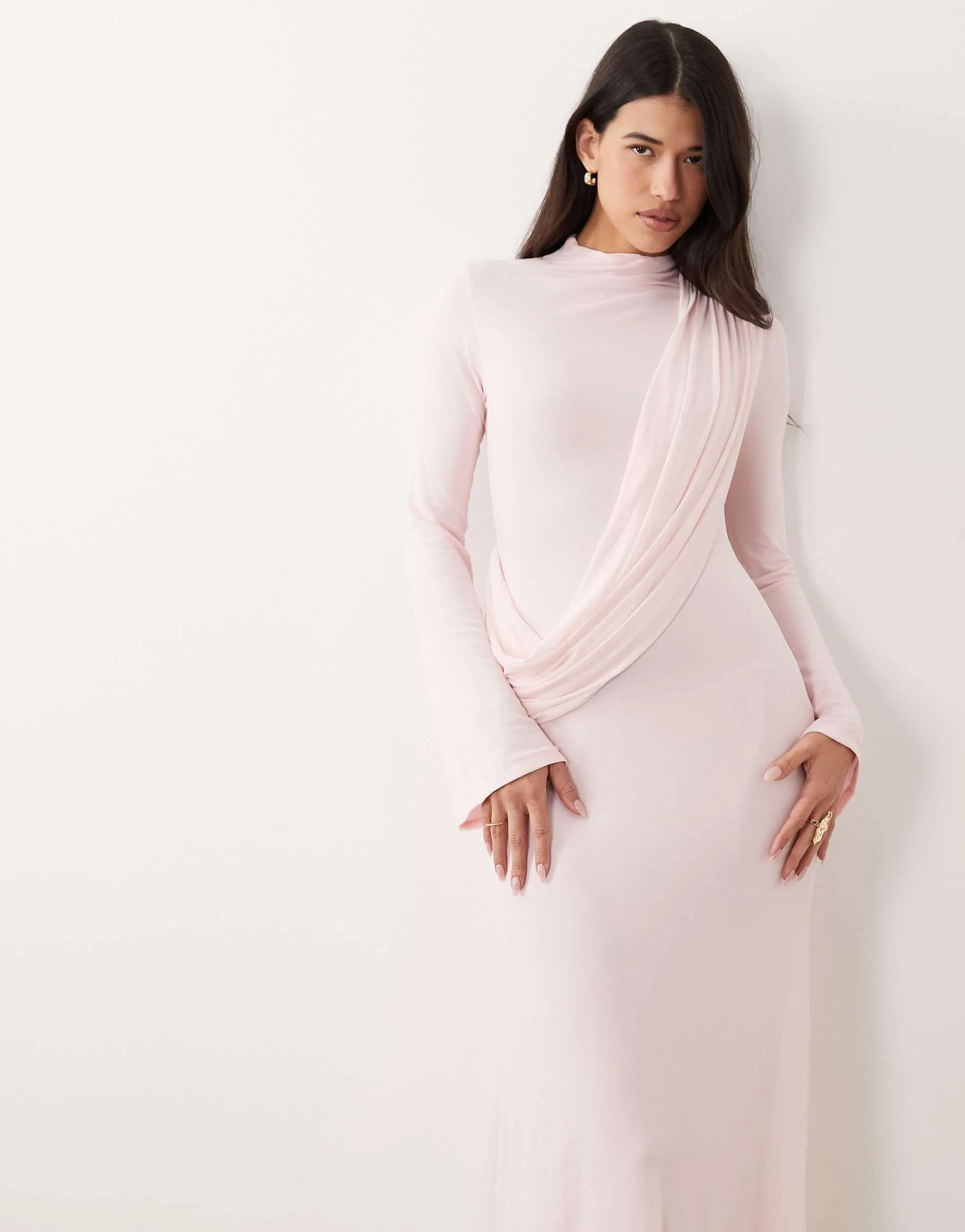 ASOS DESIGN mesh draped high neck long sleeve maxi dress in pink