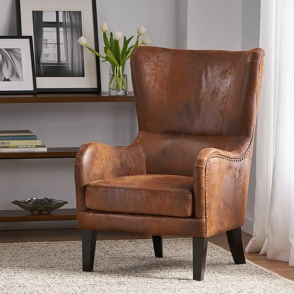 Mid-Century Modern Accent Chairs, 27" Wide Wingback Club Chair with Nailhead Trim, Fabric Reading Living Room Side Chair, Faux Leather Armchair Sofa