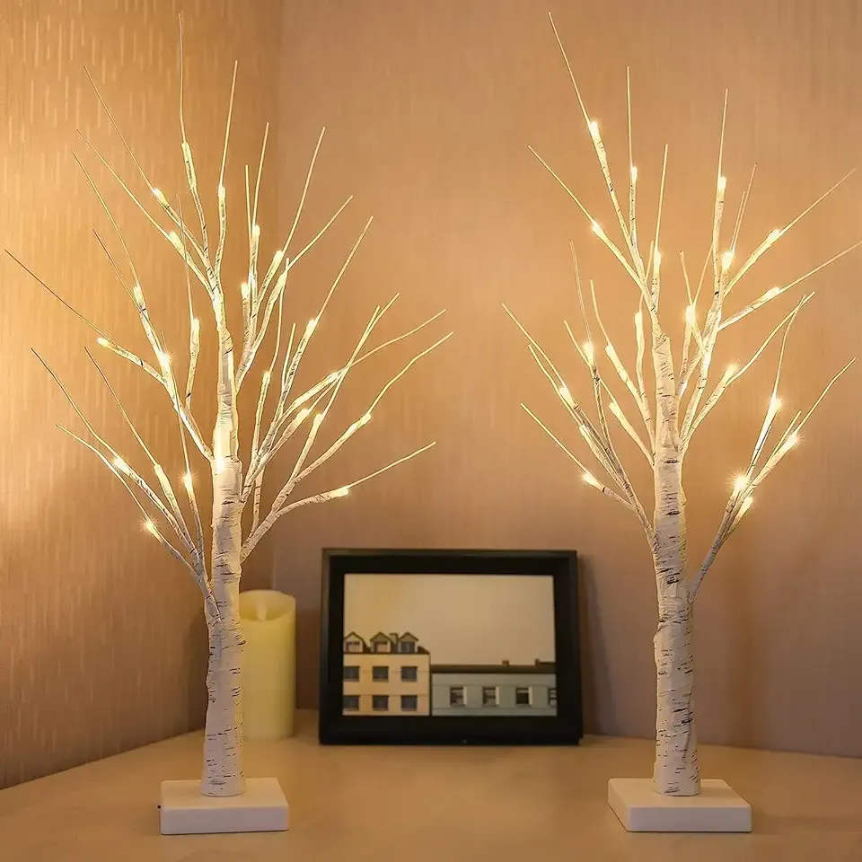 2-Pack 2FT Lighted Birch Tree with Timer for Christmas Decorations Indoor, Artificial Birch Tree with 48 LED Warm White Lights, Fairy Light Tabletop Centerpiece Tree for Christmas Winter Deocrations