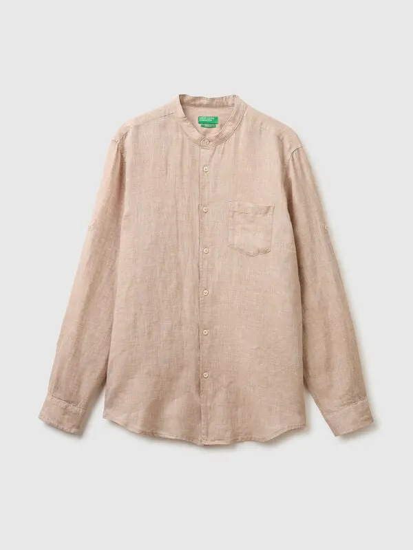 Pure linen shirt with mandarin collar