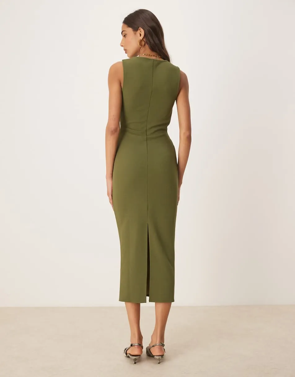 ASOS DESIGN square neck midi dress in khaki