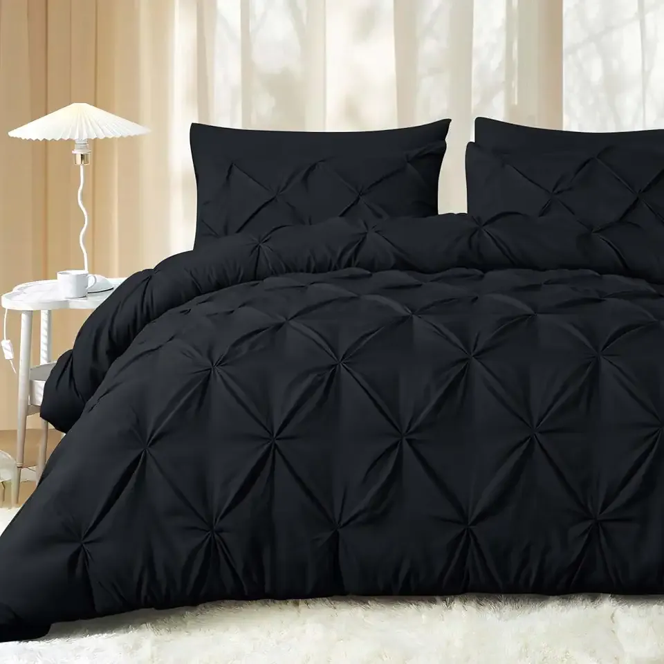 JOLLYVOGUE Queen Comforter Set 7 Pieces - Bed in a Bag Queen for All Season, Pintuck Bedding Comforter Sets with Comforter, Flat Sheet, Fitted Sheet and Pillowcases & Shams, Black