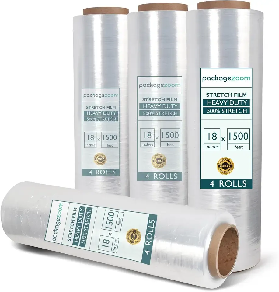 PackageZoom 4 Rolls Clear Stretch Wrap Film 18” x 1500 feet Plastic Wrap for Moving, Packing, Shipping & Storage Heavy Duty Industrial Cling Film for Boxes and Furniture