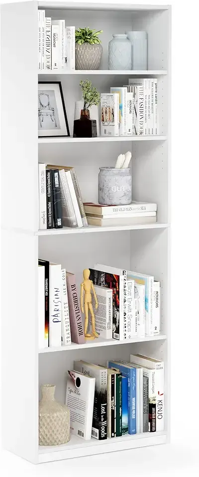 JAYA Book Shelf, 5-Tier Bookshelf, Bookcase with Adjustable Shelves, 9.5 x 24.5 x 71.2, for Living Room, Bedroom, Home Office, White