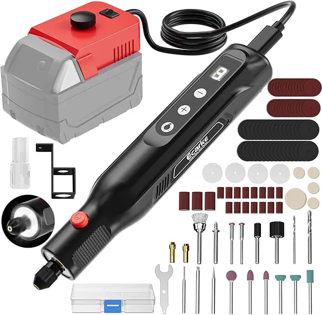 Ecarke Rotary Tool Kit Compatible with Milwaukee 18V Battery, 25000RPM 5-Speed & 108 Accessories, Dog Nail Grinder with LED Light for Pet Grooming, DIY Crafts, Sanding, Engraving, Polishing, Tool Only