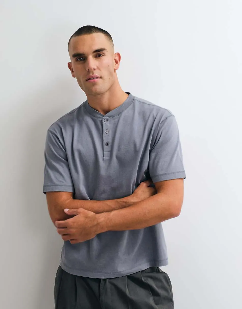 ASOS DESIGN heavyweight boxy relaxed henley t-shirt in washed grey