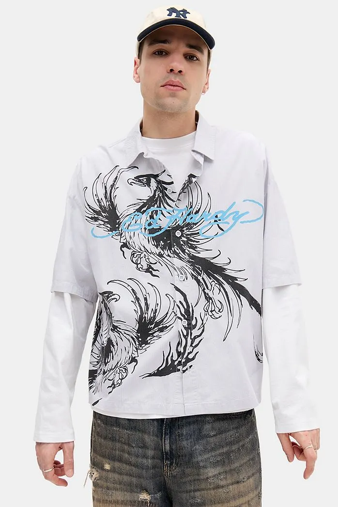 Ed Hardy Camicia a Maniche Corte a Righe con Fenice Esclusiva UO