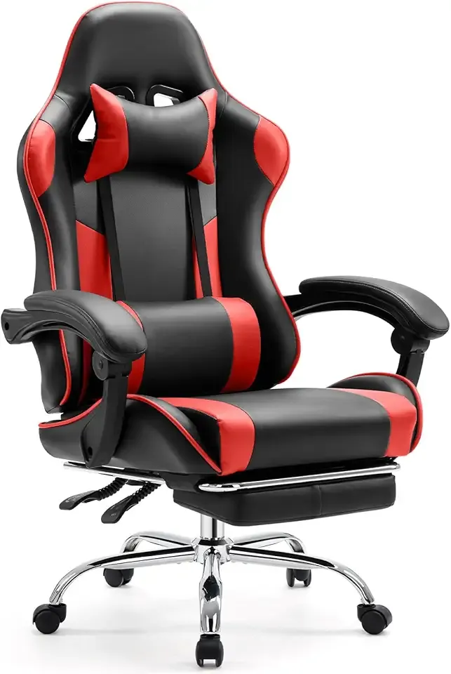 Sweetcrispy Video Game Desk Chair - Ergonomic Computer with Footrest and Comfy Lumbar Support, PU Leather Recliner with Headrest, Fixed Up Armrest, Height Adjustable with 360° Swivel, for Adults, Red