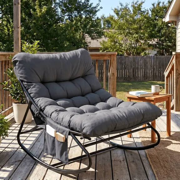 TLSUNNY Outdoor Oversized Papasan Rocker Chair, Comfy Patio Rocking Chair, Indoor Rocking Egg Chair with Side Pocket, Cushion for Bedroom, Living Room, Front Porch $85.99 Was $135.99
