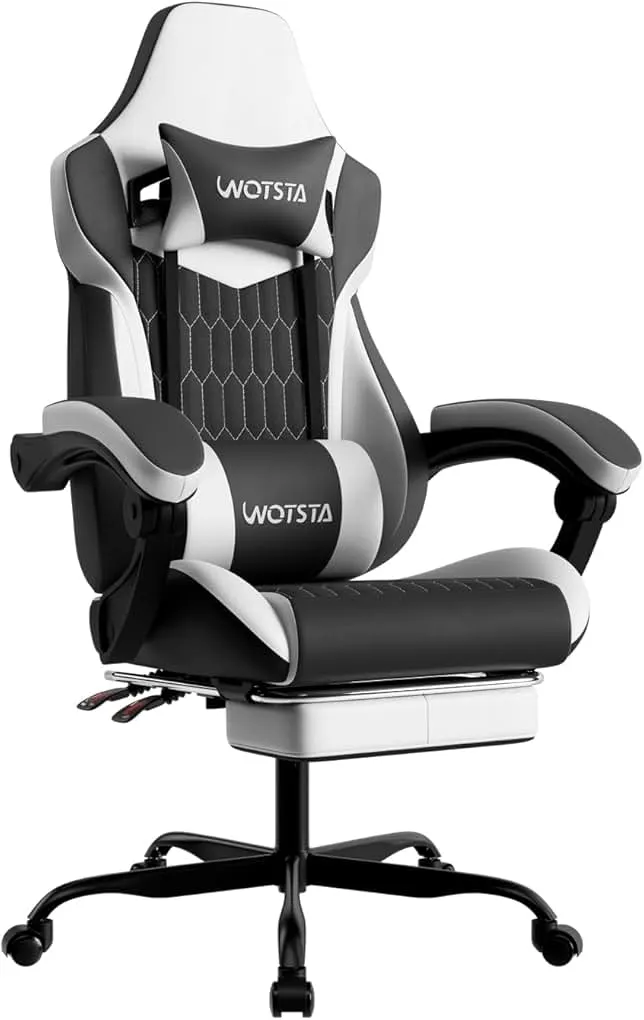 WOTSTA Gaming Chair with Footrest, High Back Gaming Chairs PVC Leather Ergonomic Gamer Chair with Adjustable Headrest Lumbar Suppo…