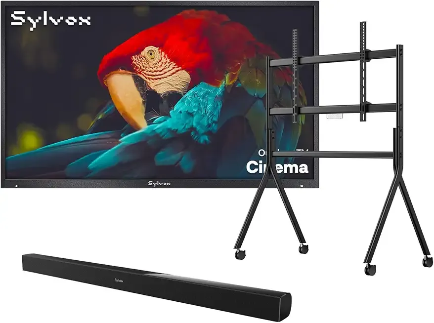 SYLVOX 75 inch Outdoor Mini-LED QLED TV with Rolling Stand & Soundbar, 4K UHD, 2000 Nits Full Sun, Anti-Glare Screen, 120Hz, IP56 Waterproof, Dual 30W Dolby Atmos Speaks (Cinema/2025)