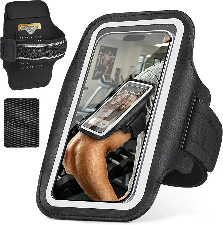 Running Armband Phone Holder with Card Slot for Gym Workout | Fit iPhone 11-17 Pro Max Galaxy S20-S26 Plus/Ultra, Water Resistant, Touch Screen, Reflective Strips, Anti-slip Silicone Dots