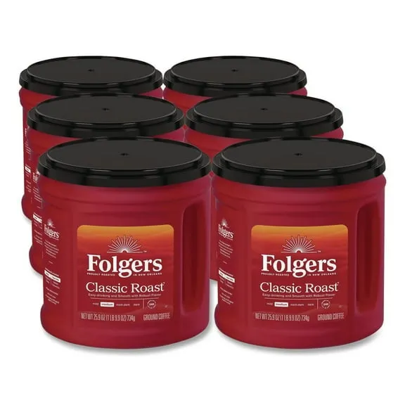 (6 pack) Folgers Classic Roast Ground Coffee, Medium Roast, 25.9 oz Canister $86.08 Was $95.64 55.4 ¢/oz
