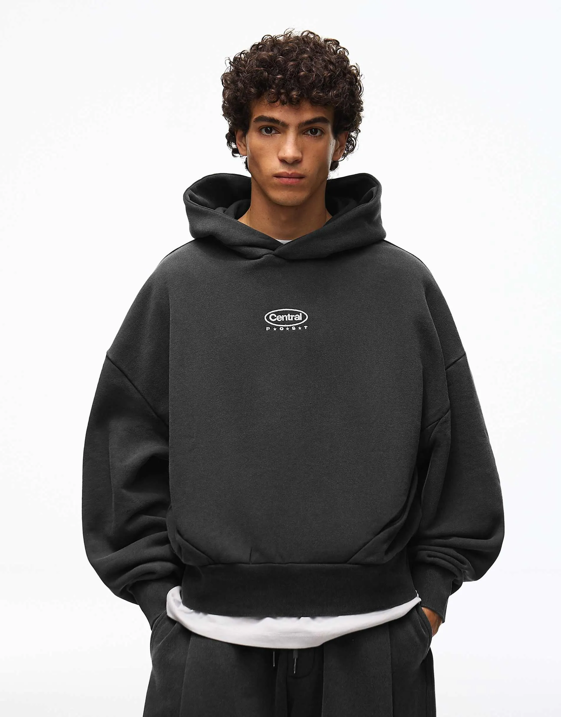 Bershka Boxy washed hoodie in black