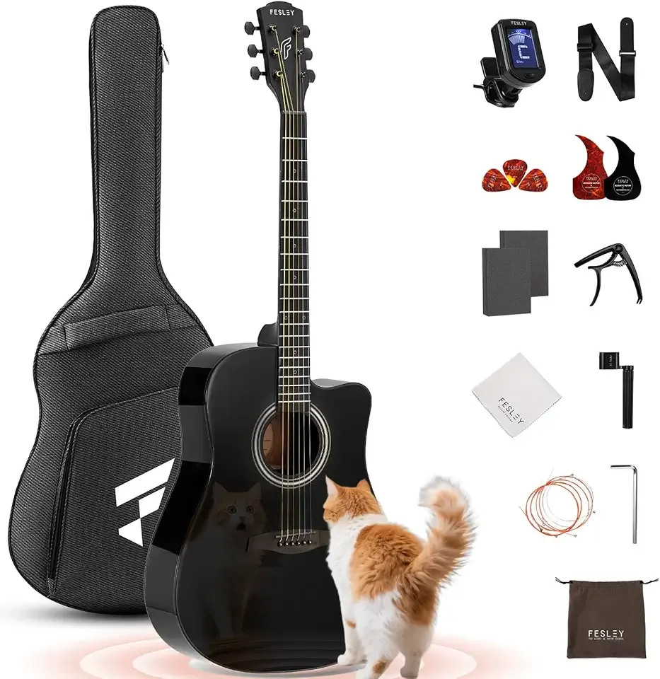 Fesley X Acoustic Guitar Kit, 41 Inch Full Size 6 String Cutaway Guitarra Acústica for Beginner Adults with Tuner, Gig Bag, Strap, Steel Strings, Capo, Pickguard, Picks, FD60C, Black
