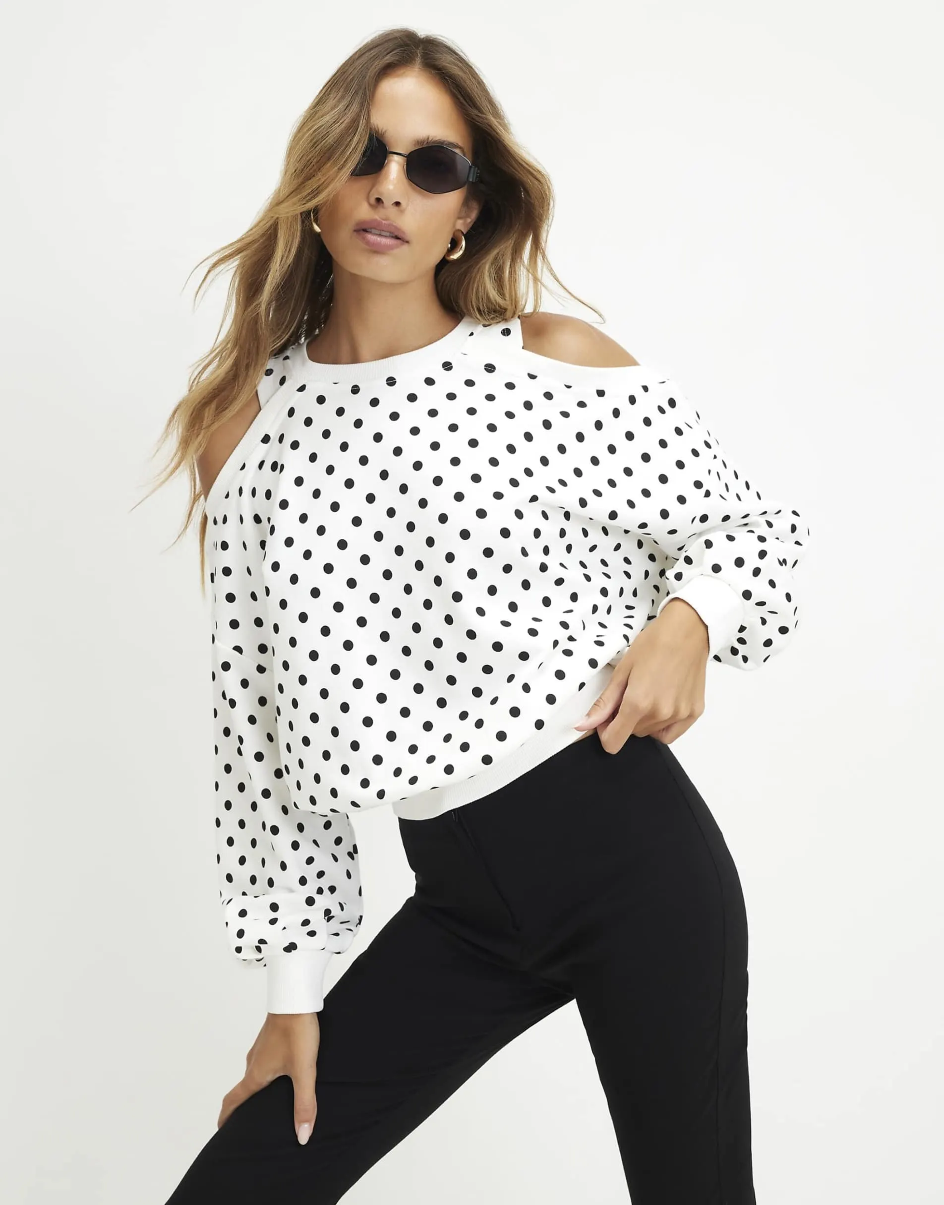 River Island Cold shoulder polka dot sweatshirt in cream