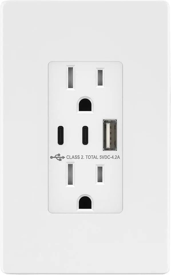 TOPGREENER 4.2A Dual Type C&A USB Wall Outlet, Charging Power Receptacle | 21W, White, Screwless Wall Plate, UL Listed, Residential Grade, Tamper-Resistant Child-Safe, 3-year Support