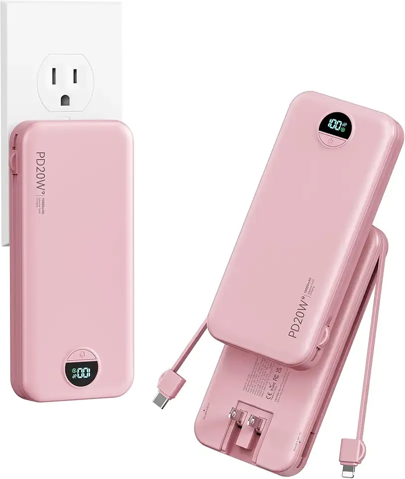 10000mAh Ultra-Portable-Charger-Power-Bank with Built in Cables&AC Wall Plug, PD20W USB-C Fast Charging Cell Phone Charger Battery Pack,LED Display Travel Battery Bank for All iPhone,Samsung,Android