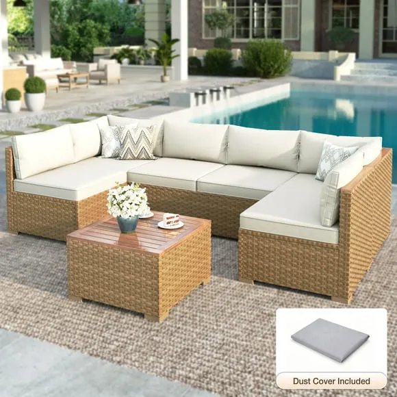 MF Studio 6-Piece Wicker Patio Furniture Set with Cover, Stackable Outdoor Sectional Conversation Set with Acacia Wood Top Table, Beige