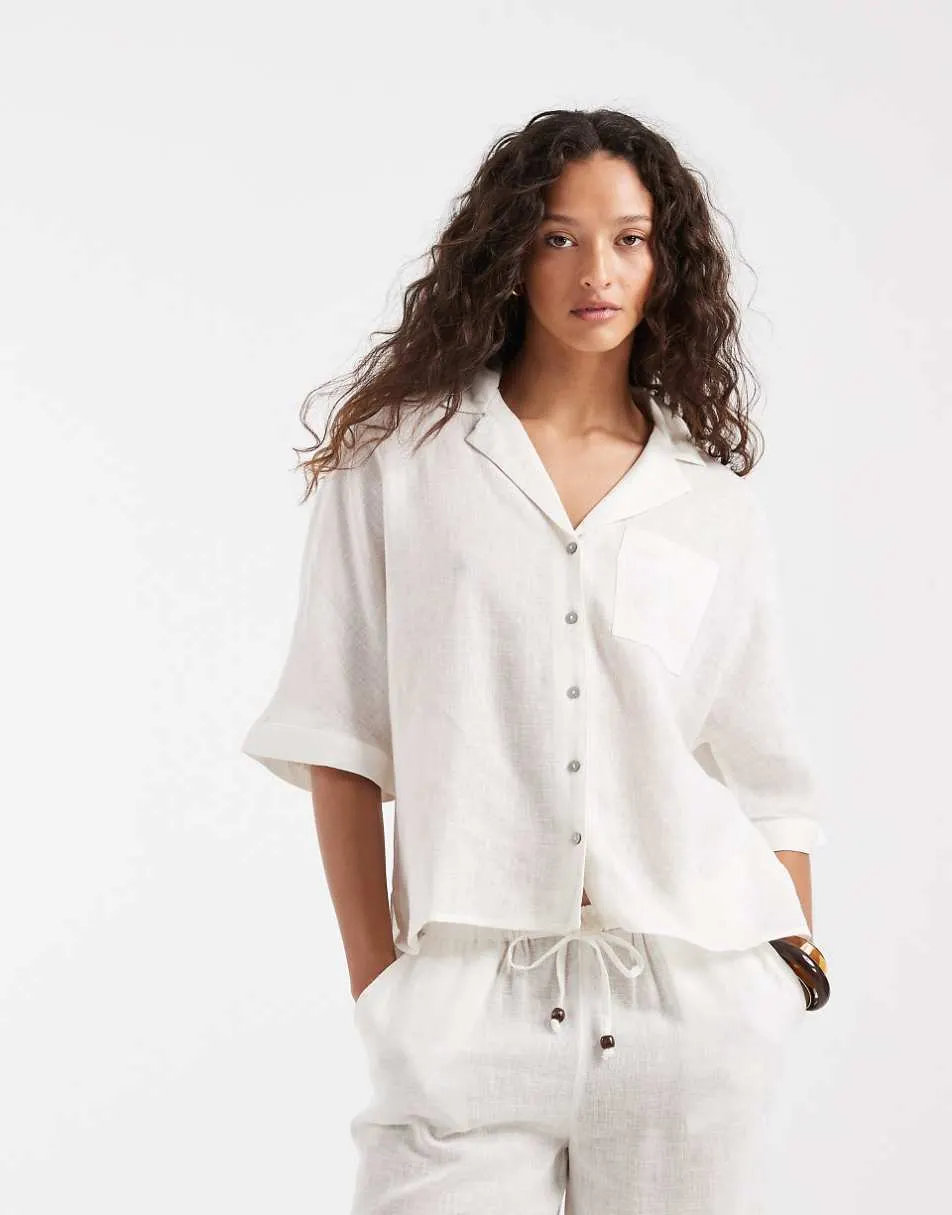 ONLY linen blend short sleeve shirt co-ord in white