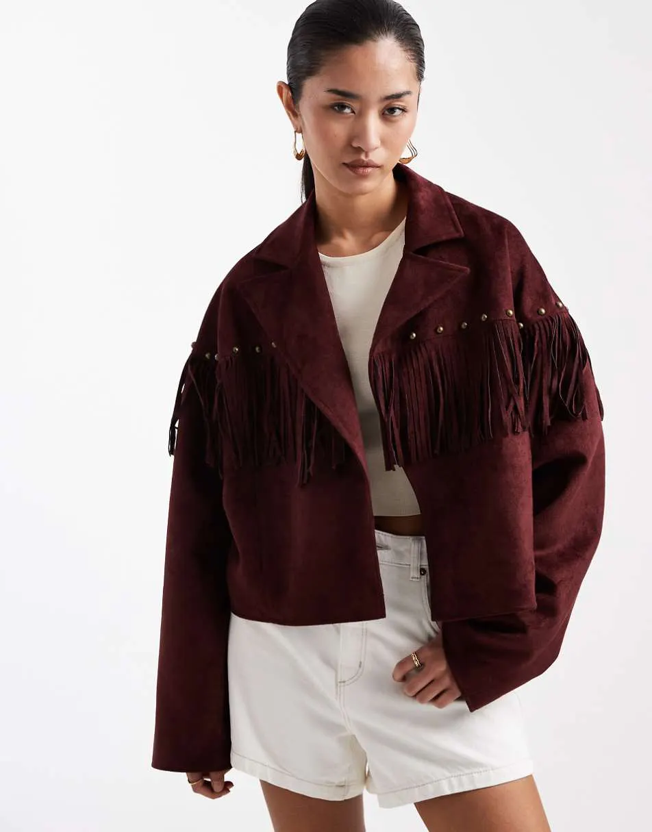 Miss Selfridge faux suede crop fringe stud jacket in plum