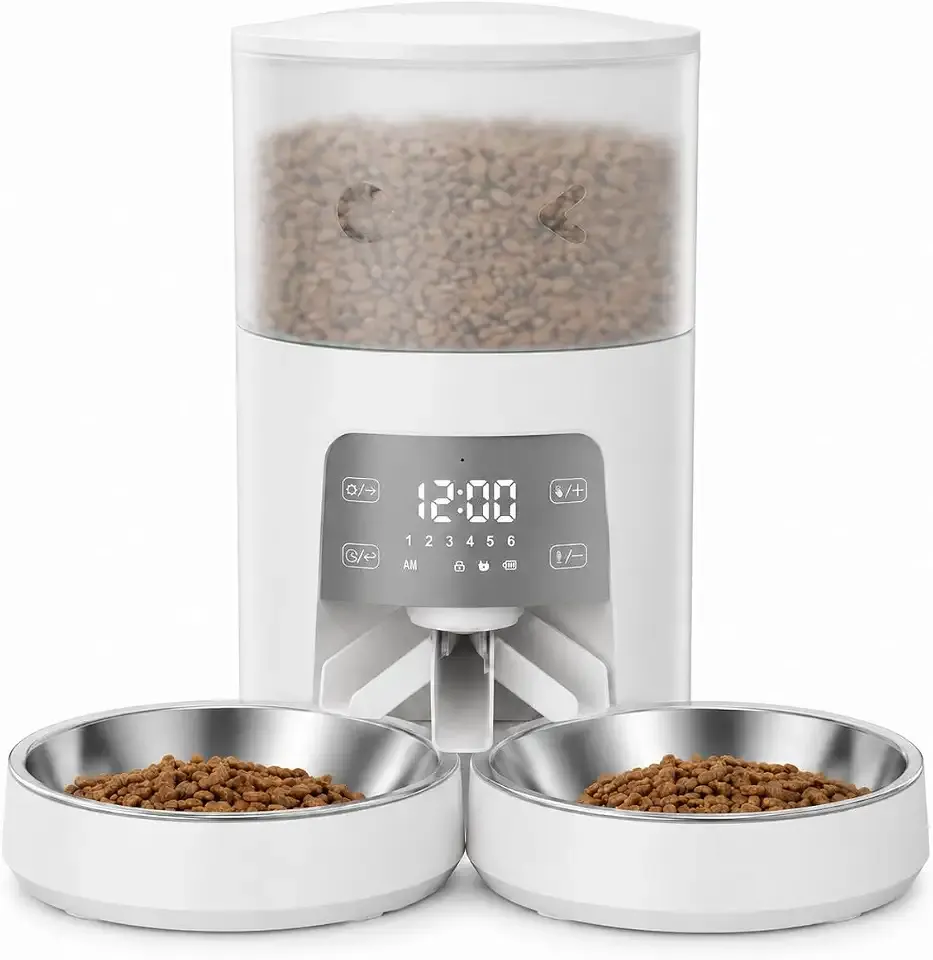 Automatic Cat Feeder for 2 Cats, 6L Timed Pet Food Dispenser with Meal Splitter, Dual Stainless Steel Bowls, 6 Meals 50 Portions, 10s Voice Recorder, Battery Backup for Cats and Small Dogs, White