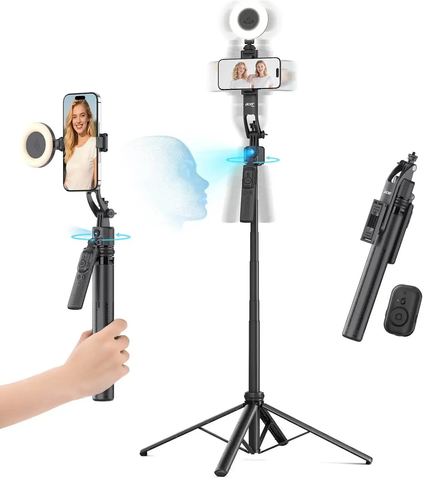 Acer Gadget Auto Face Tracking Tripod for iPhone | Light and Remote, 64", No App, 360°Rotating Tripod Selfie Stick for Tiktok YouTube Vlog Live Streaming Video Recording