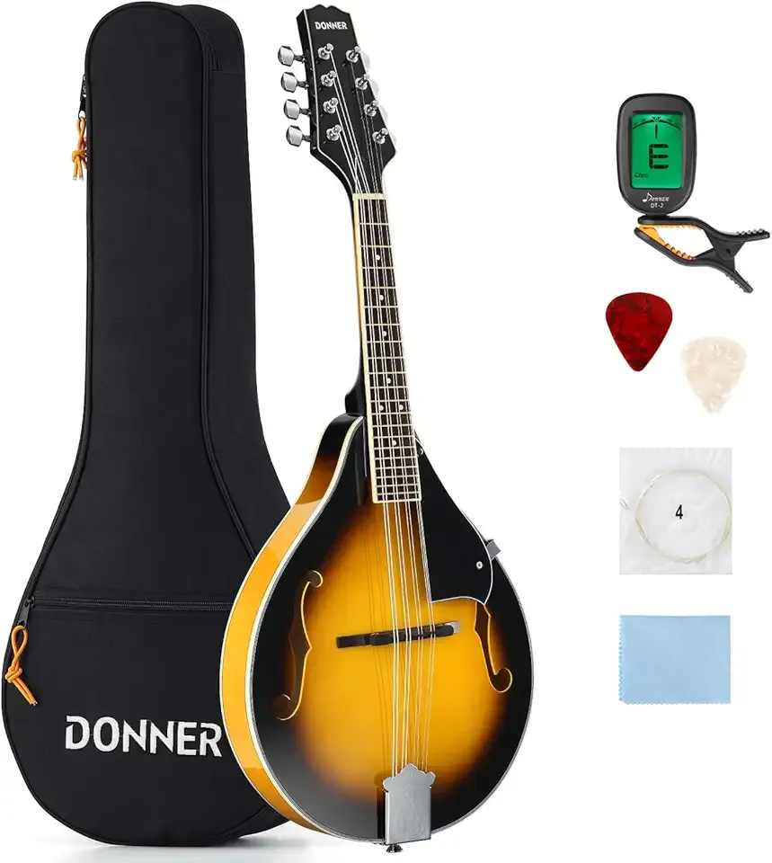 Donner A Style Mandolin Instrument Sunburst Beginner Adult Acoustic Mandolin Musical Instrument Mahogany 8 String, Bundle With Tuner String Bag Guitar Picks,DML-1