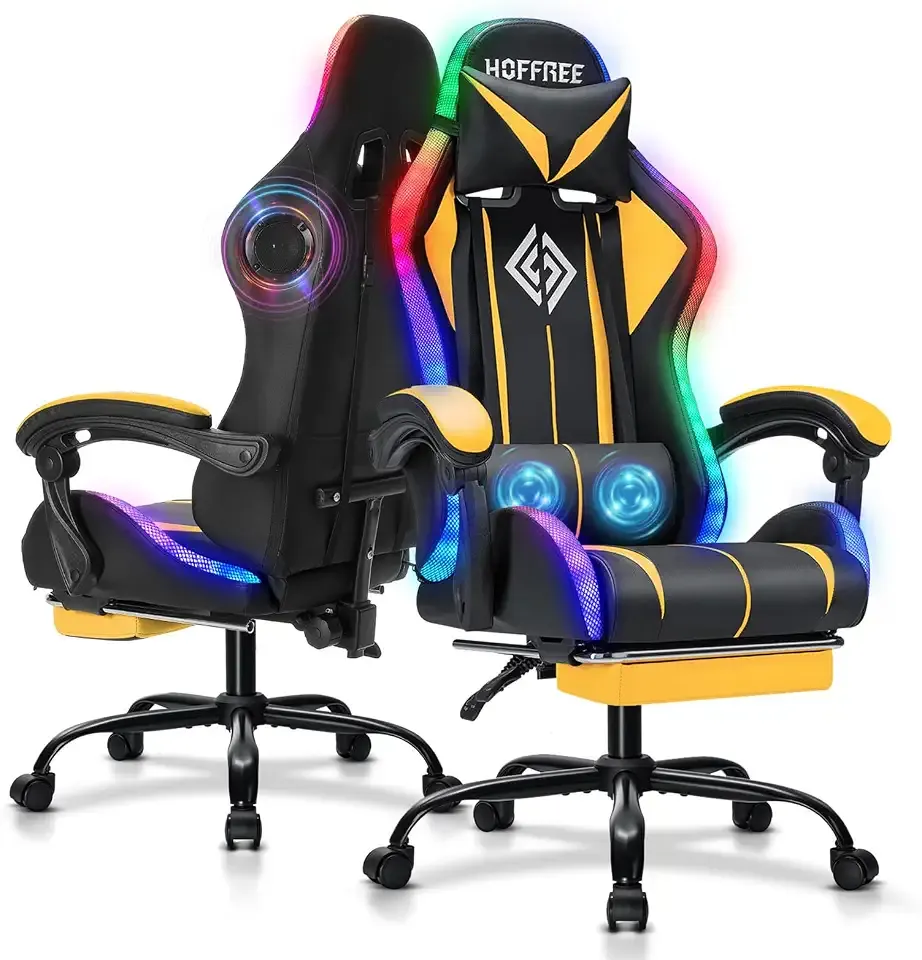 RGB Gaming Chair with Bluetooth Speakers LED Lights Computer Chair-Yellow | Ergonomic Massage Game Chair with Footrest High Back Music Video Game Chair for Adults Boys Gamer Chairs with Lumbar Support