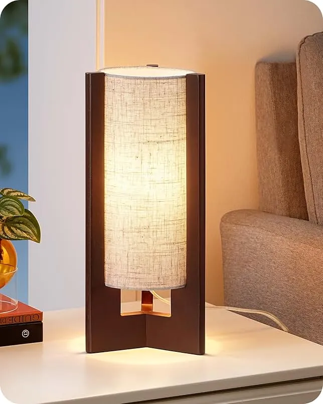 EDISHINE Wood Table Lamp, 13.5" Small Bedside Lamp, Beige Linen Shade, Rose Wood Cylinder Nightstand Lamp for Bedroom Living Room, On-Off Line Switch, E26 Base (Bulb Not Included)