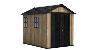 Casetta da giardino in polipropilene effetto legno 2 x 2.5 m, superficie esterna 6.6 m² e spessore parete 20 mm, con pavimento e porta a due ante, KETER ASHWOOD APEX 759