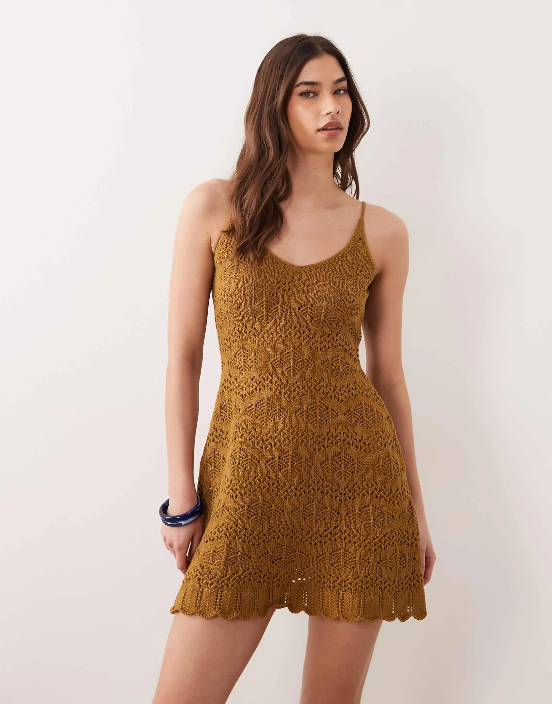 Miss Selfridge strappy crochet mini dress in olive