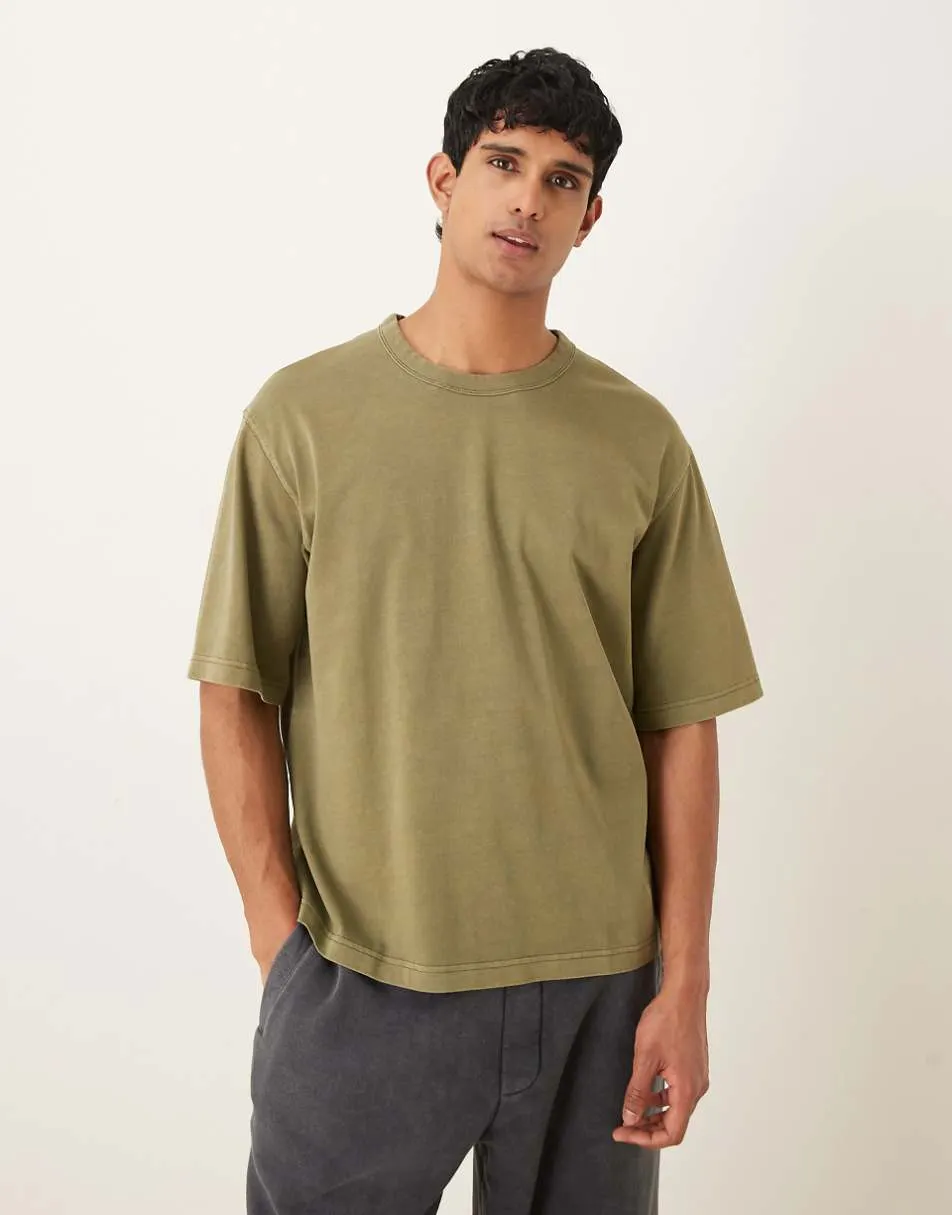 Selected 100% cotton heavyweight oversized t-shirt in olive