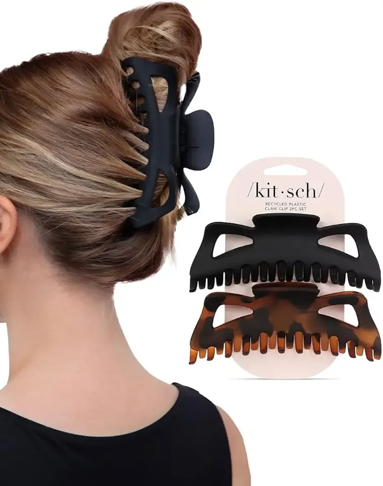 Kitsch 5 Inch Large Claw Clips for Thick and Long Hair | Strong Grip Jumbo Claw Clip for All-Day Hold | 2pcs Matte Oversized Hair Accessories | Ideal Gifts for Women - Black & Tortoise Design