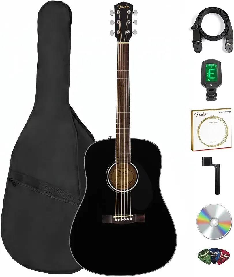 Fender FA Series Dreadnought Acoustic Guitar - Black Bundle with Gig Bag, Tuner, Strap, Strings, String Winder, Picks, and Austin Bazaar Instructional DVD