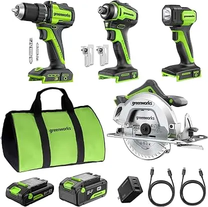 GREENWORKS 24V (4-TOOL) Combo (1/2” Drill + 1/4” Impac…