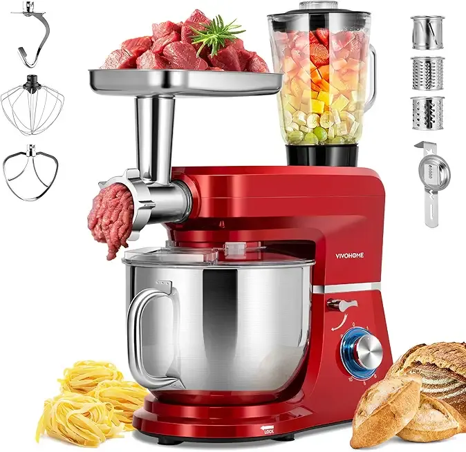 VIVOHOME 6-in-1 Stand Mixer, 8.5 Quart Electric Tilt-Head Kitchen Mixer with Bowl, Multifunctional Food Mixer for Cake, Bread, and Dough, with Meat Grinder, Blender, Pasta Maker Attachments, Red