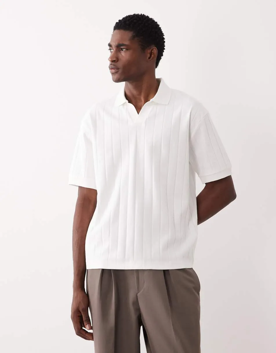 ASOS DESIGN relaxed revere polo in white wide rib