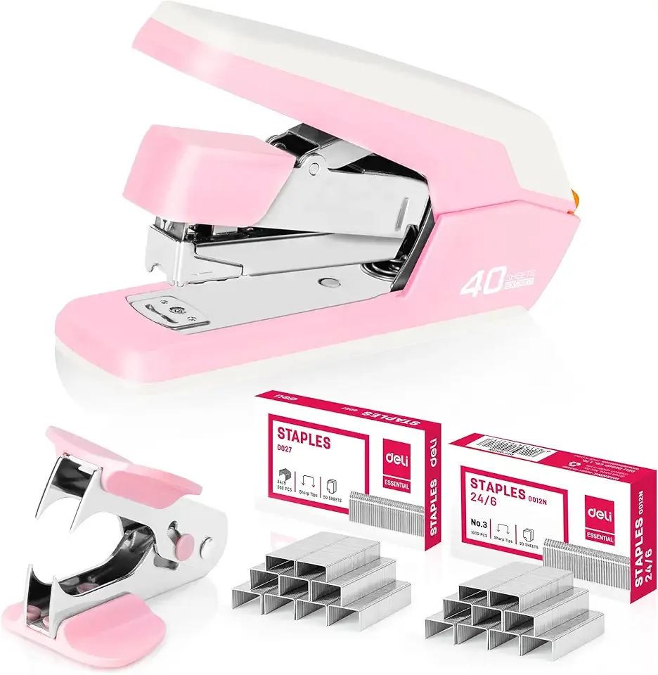Deli Effortless Desktop Stapler, Heavy Duty Stapler, 40-50 Sheet Capacity, One Finger, No Effort, Includes 1500 Staples & Staple Remover, Pink