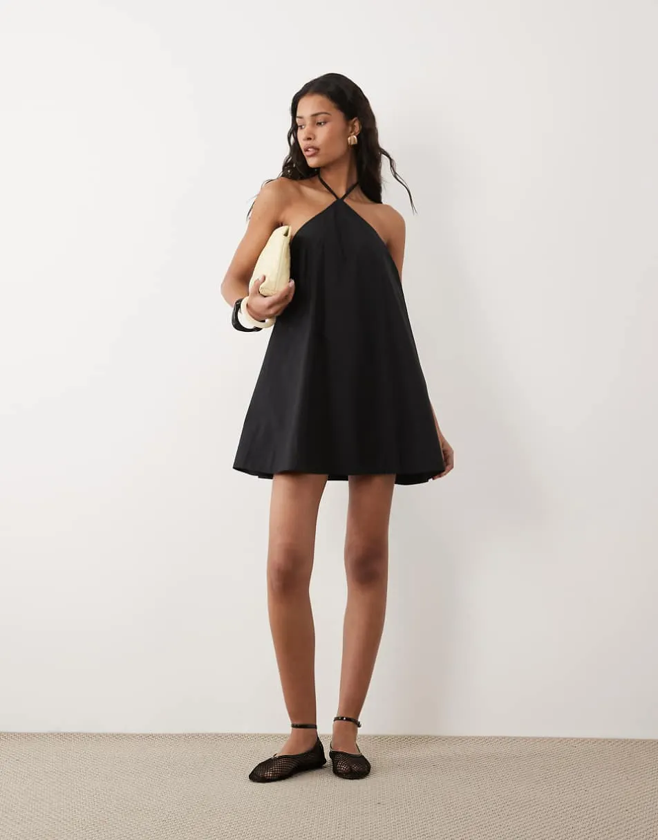 ASOS DESIGN poplin halter neck swing mini sundress in black