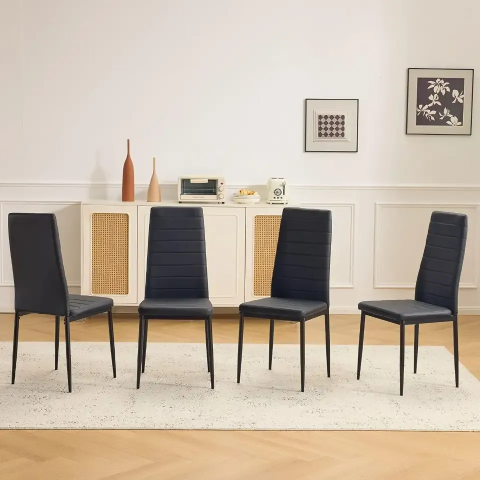 Karl home Dining Chairs Set of 4, PU Leather & High Back, Black | Black kitchen chairs with padded seats & foot cap protection for dining kitchen living room,300lbs capacity,space-saving
