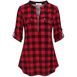 Ninedaily Women's 3/4 Sleeve Plaid Shirts Zip Floral Casual Tunic Blouse Tops
